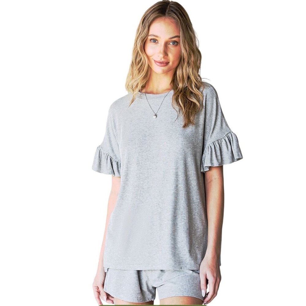 Calvin Klein Jeans Heather Gray Ruffle Sleeve Related Fit T-Shirt Top Tee - Picture 1 of 9